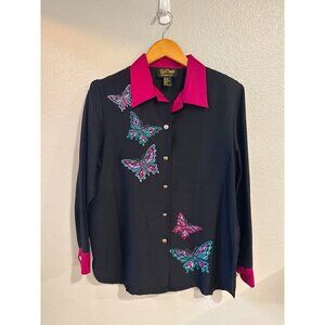 Bob Mackie Wearable Art Vintage Silk Embroidered Butterfly Appliqué Shirt Blouse